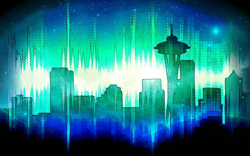 Seattle Skyline at Night — Blue, Dreamy, Futuristic