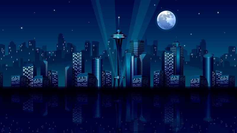 Seattle Skyline at Night — Blue, Serene, Digital Art