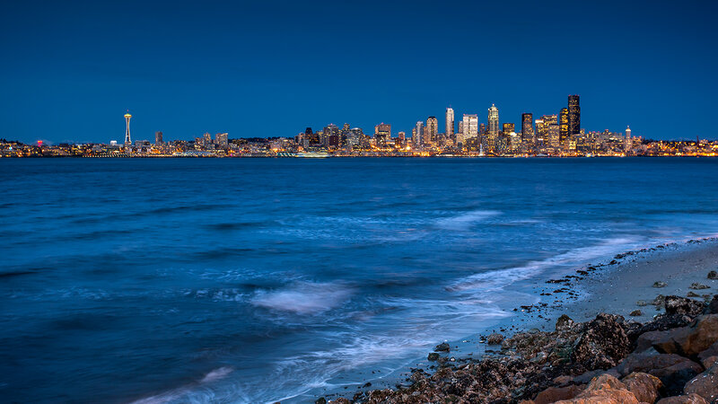 Seattle Skyline at Night — Blue, Serene, Photograph, Space Needle, Buildings