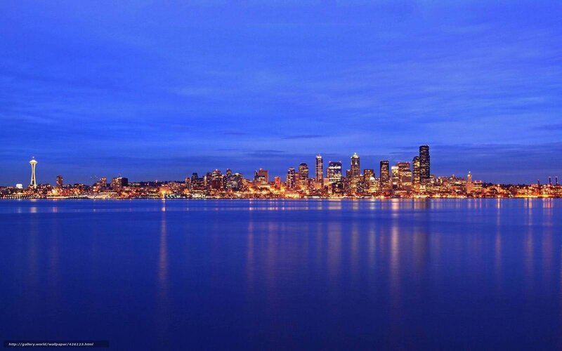 Seattle Skyline at Night — Blue, Serene, Photograph, Space Needle, Buildings, Water
