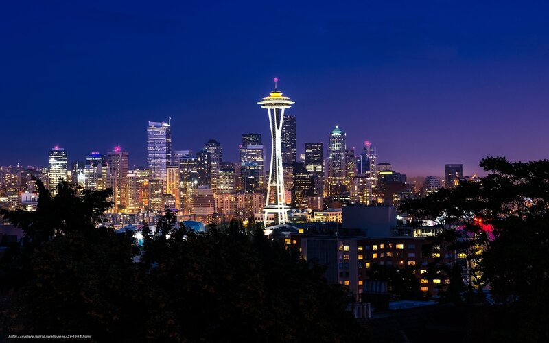 Seattle Skyline at Night — Blue, Serene, Photograph, Space Needle, Skyscrapers