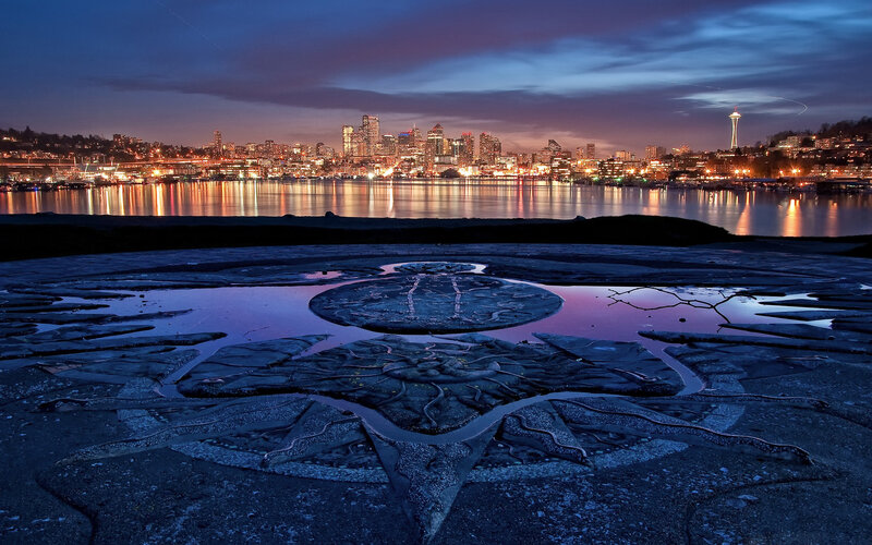 Seattle Skyline at Night — Blue, Serene, Photograph, Space Needle