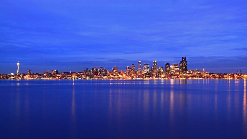 Seattle Skyline at Night — Blue, Serene, Photograph