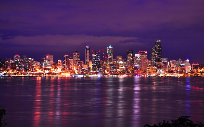 Seattle Skyline at Night — Purple, Dramatic, Photograph, Skyscraper