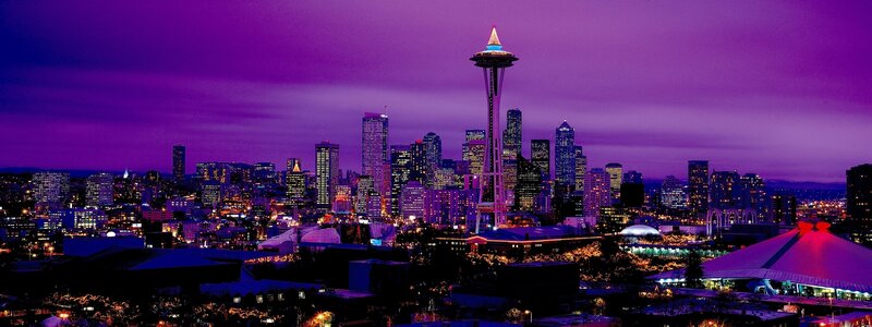 Seattle Skyline at Night — Purple, Dramatic, Photograph, Space Needle, City Buildings