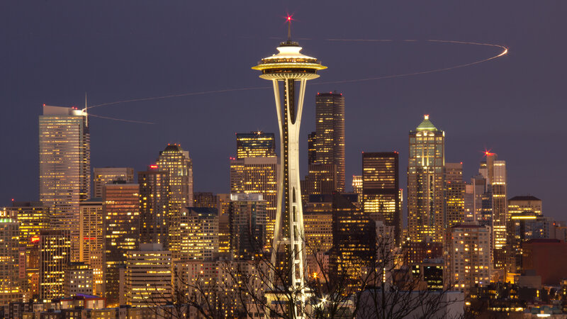 Seattle Skyline at Night — Purple, Dramatic, Photograph, Space Needle, Skyscrapers, Airplane Trails