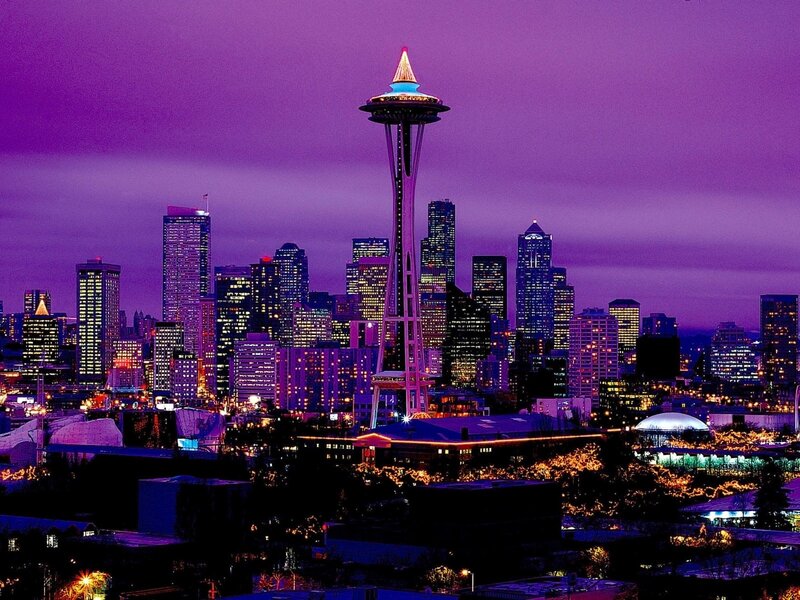 Seattle Skyline at Night — Purple, Dramatic, Photograph, Space Needle, Skyscrapers, City Lights, Dome Structure