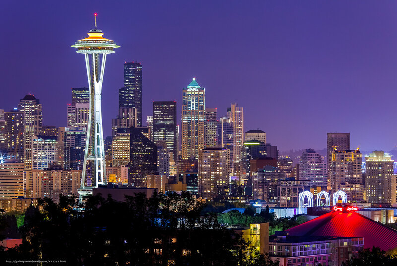 Seattle Skyline at Night — Purple, Dramatic, Photograph, Space Needle