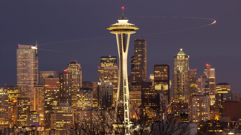 Seattle Skyline at Night — Purple, Dramatic, Photograph