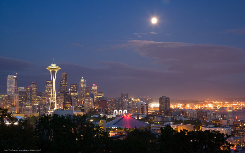 Seattle skyline at night with moon