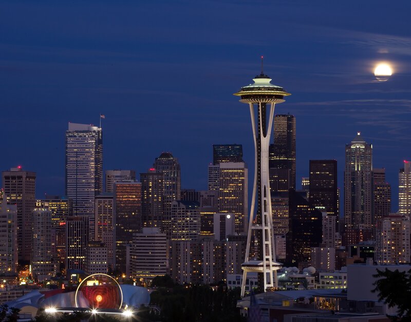 Seattle skyline at night with moon