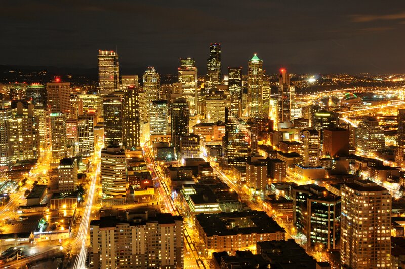 Seattle Skyline at Night — Yellow, Dramatic
