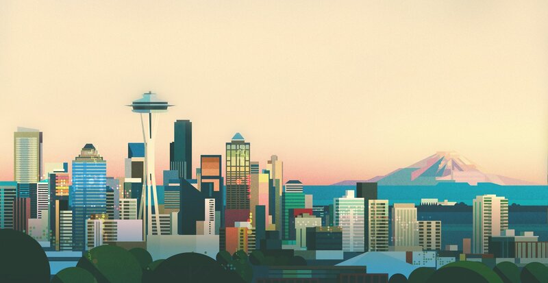 Seattle Skyline — Blue, Serene, Sunset