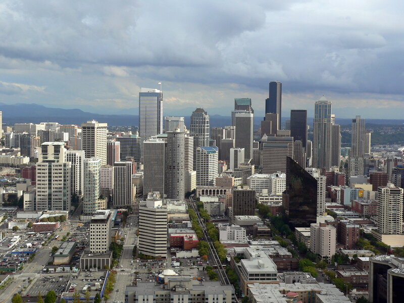 Seattle skyline under cloudy sky