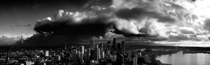 Seattle skyline under storm clouds