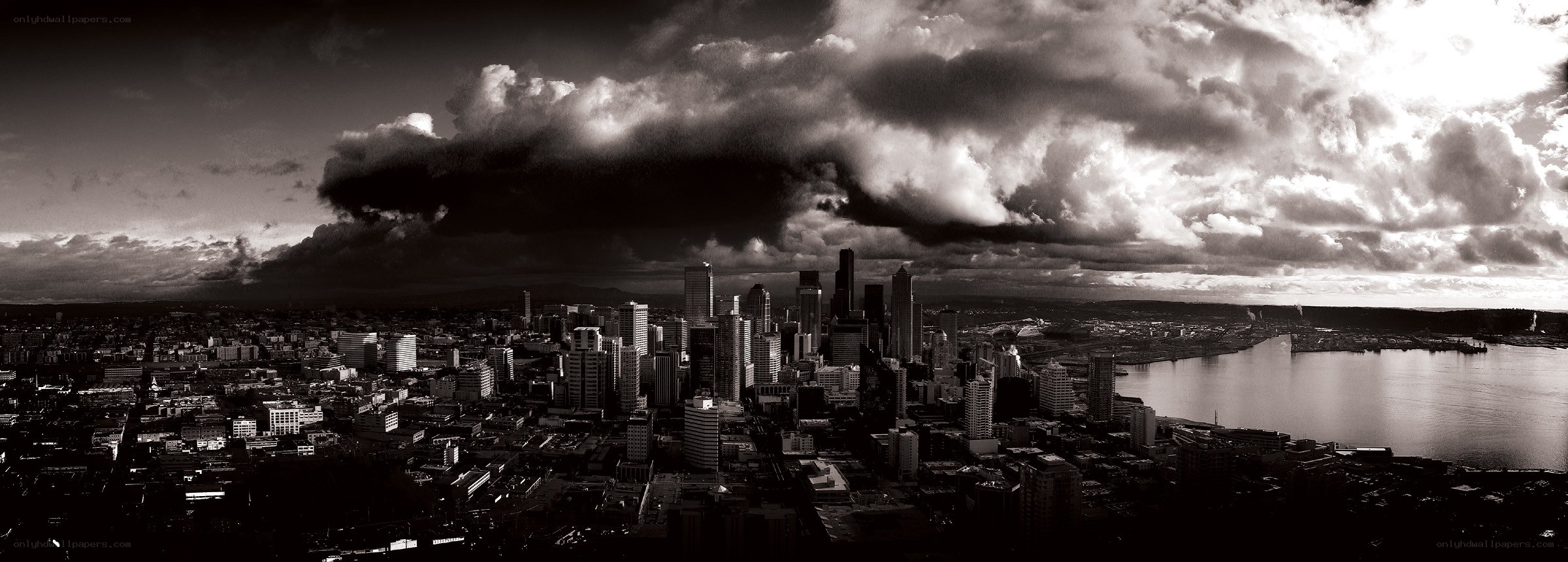 Seattle skyline under storm clouds