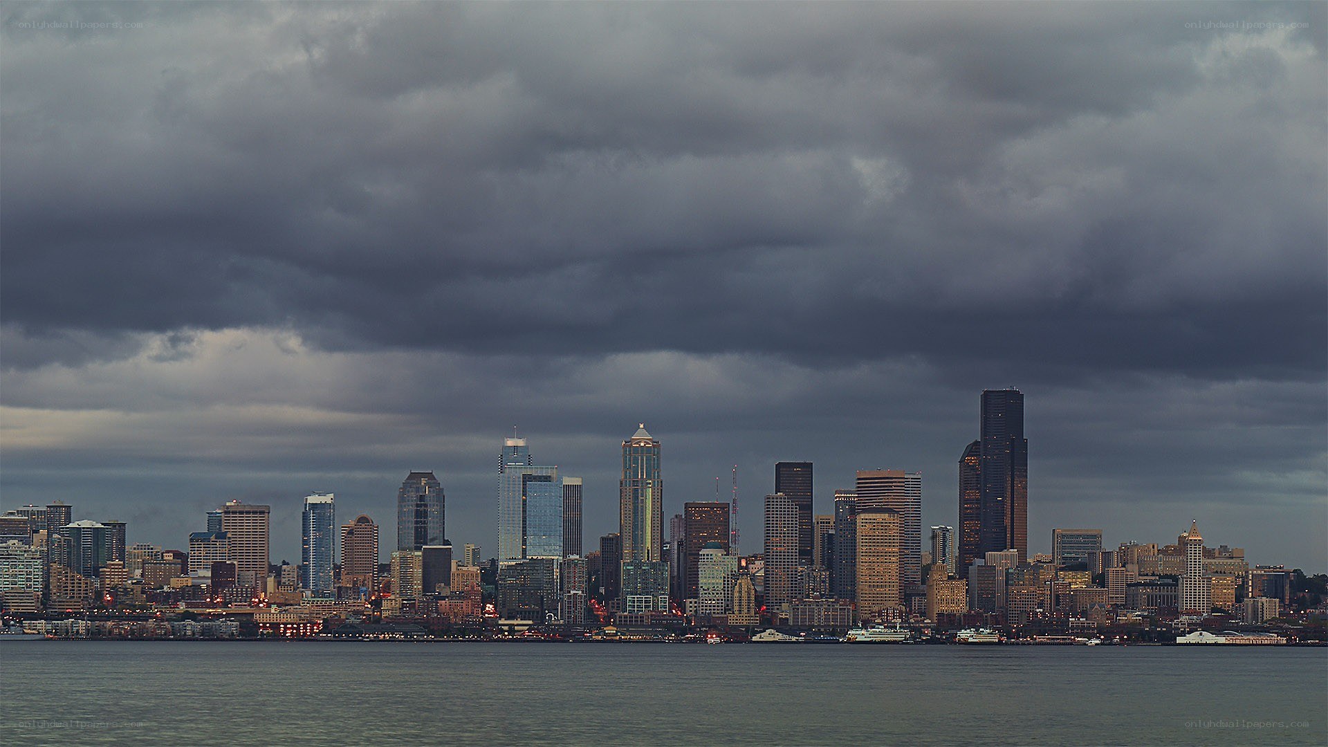 Seattle skyline under stormy sky