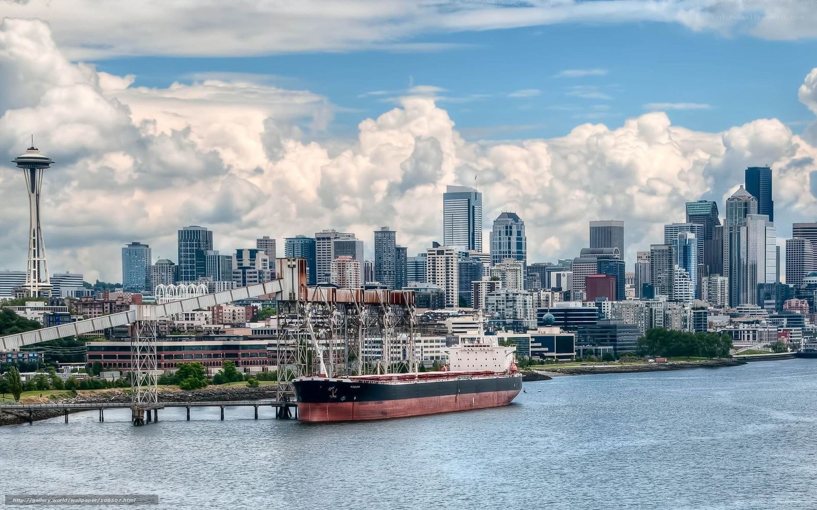 Seattle skyline with cargo ship