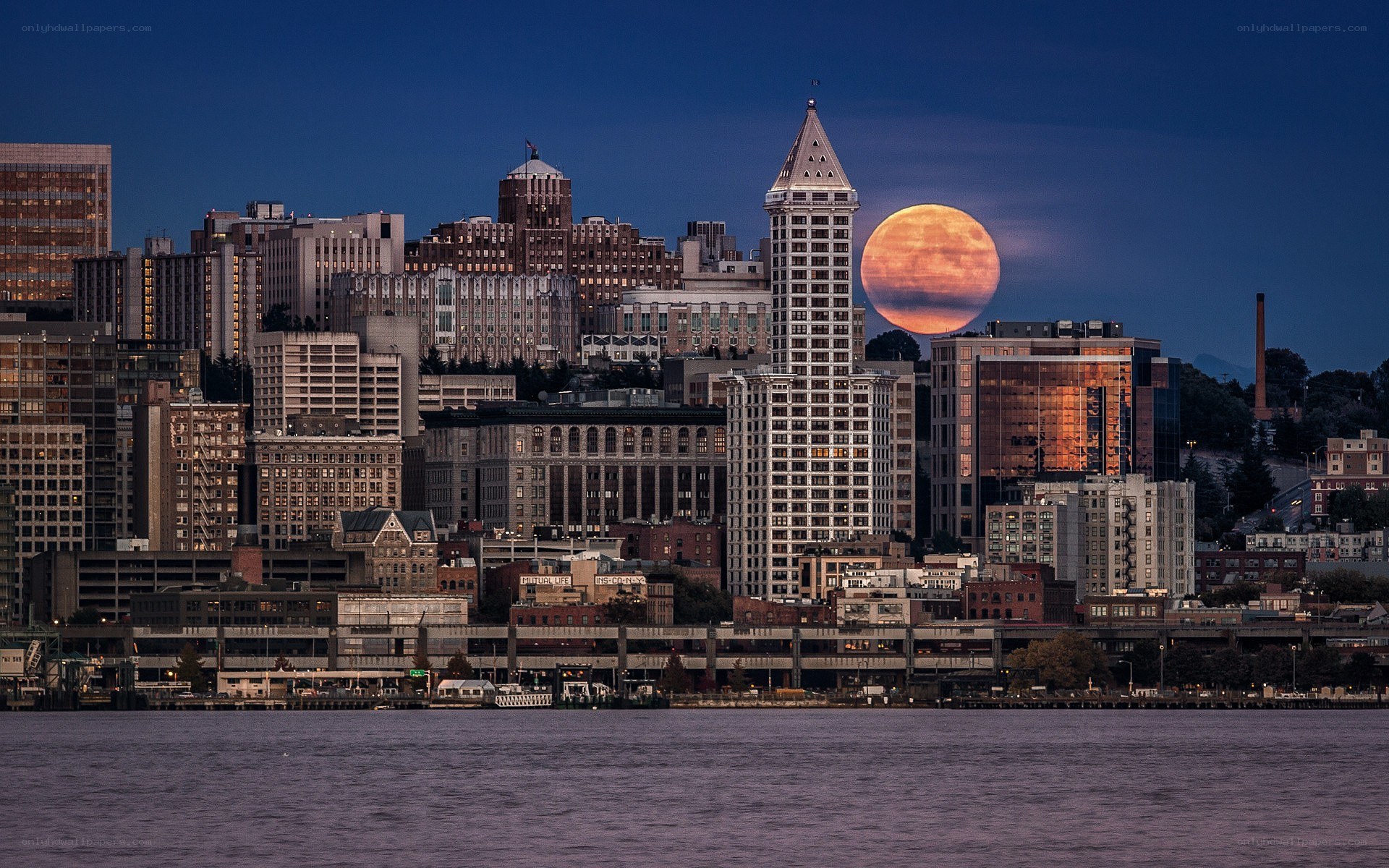 Seattle skyline with full moon
