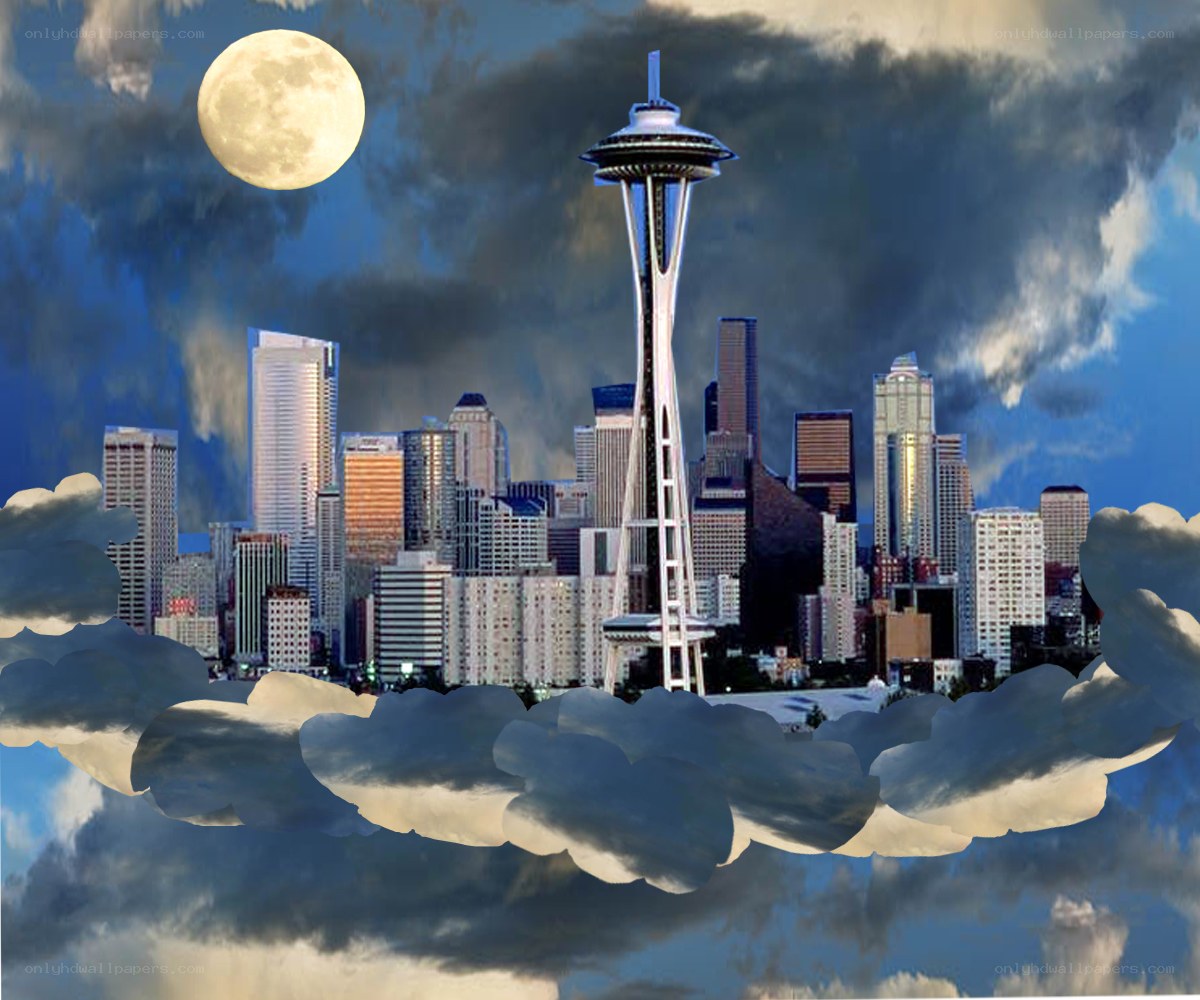 Seattle skyline with full moon