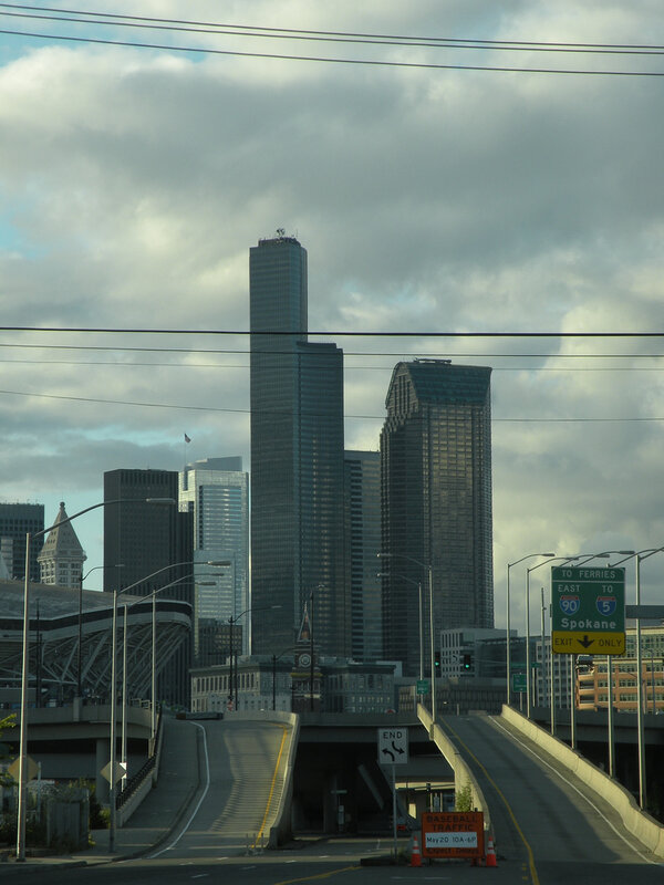 Seattle skyline with highway signs