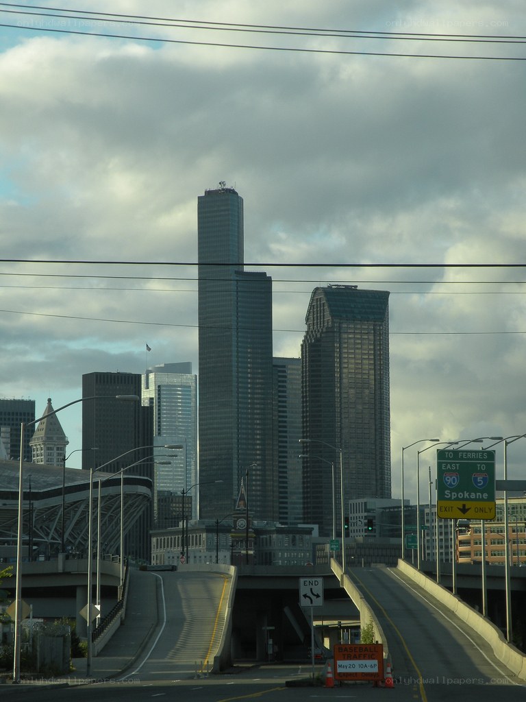 Seattle skyline with highway signs