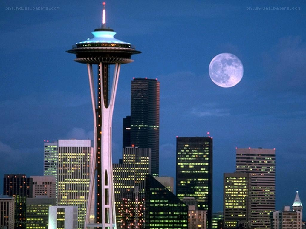 Seattle skyline with moon