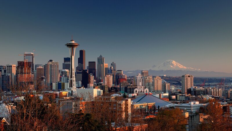 Seattle Skyline with Mountain — Blue, Serene, Sunset