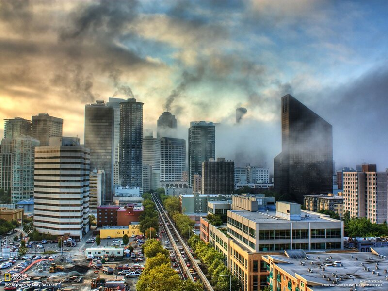 Seattle skyline with smoke and fog