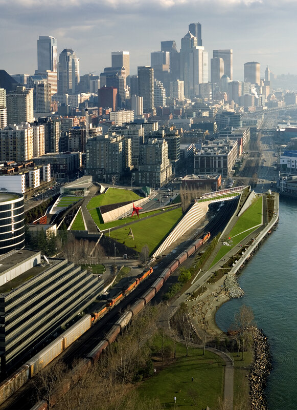 Seattle skyline with train and park
