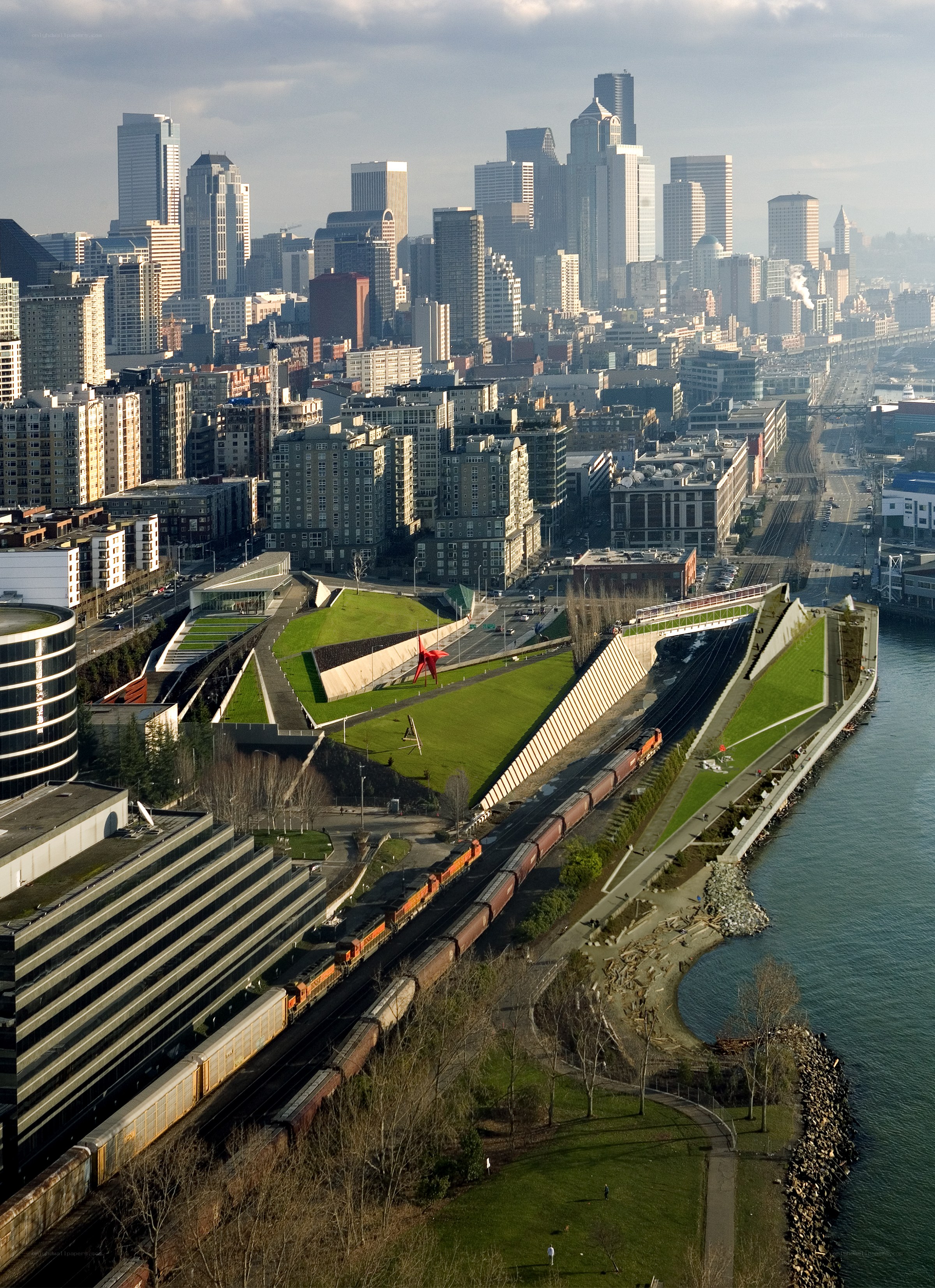Seattle skyline with train and park
