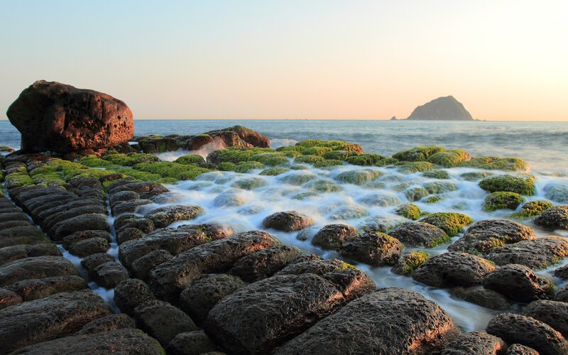 Seaweed-covered rocks at sunset