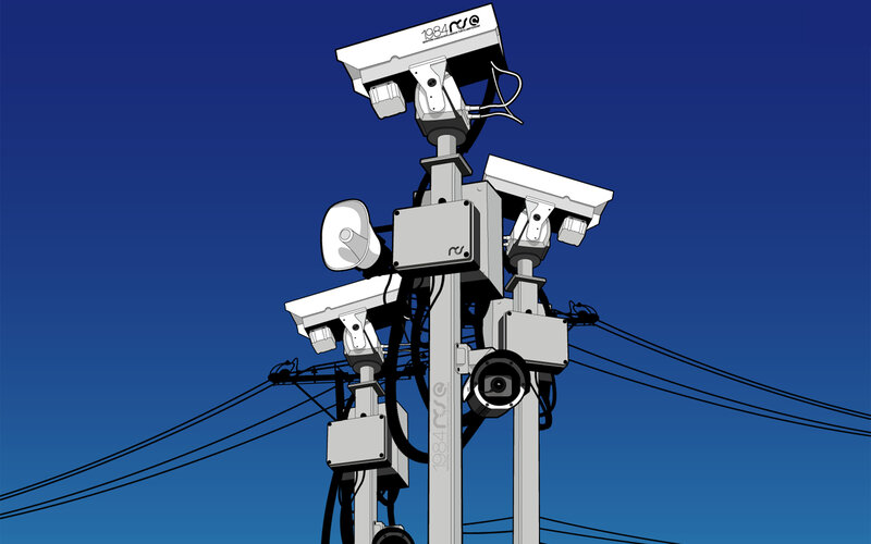 Security Cameras on Pole — Blue, Dramatic