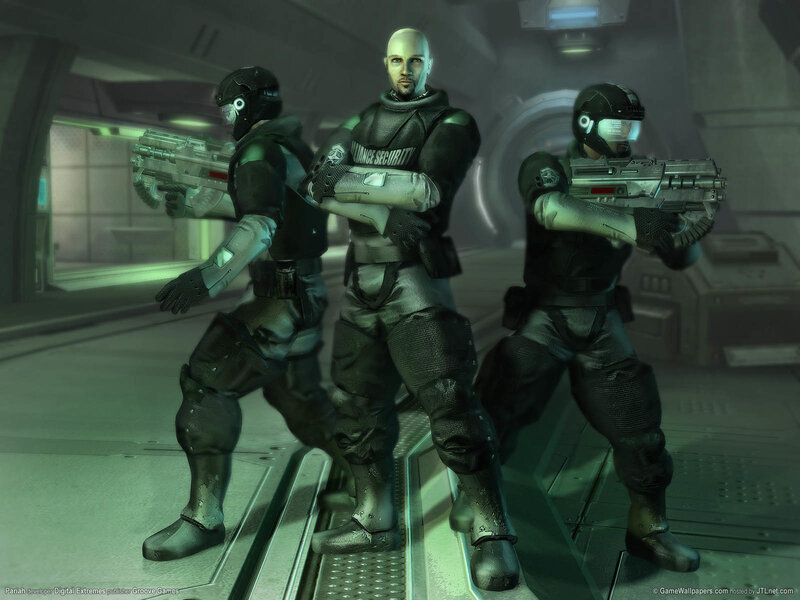 security guards in futuristic corridor