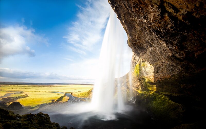 Seljalandsfoss Waterfall — Blue, Dramatic, Afternoon