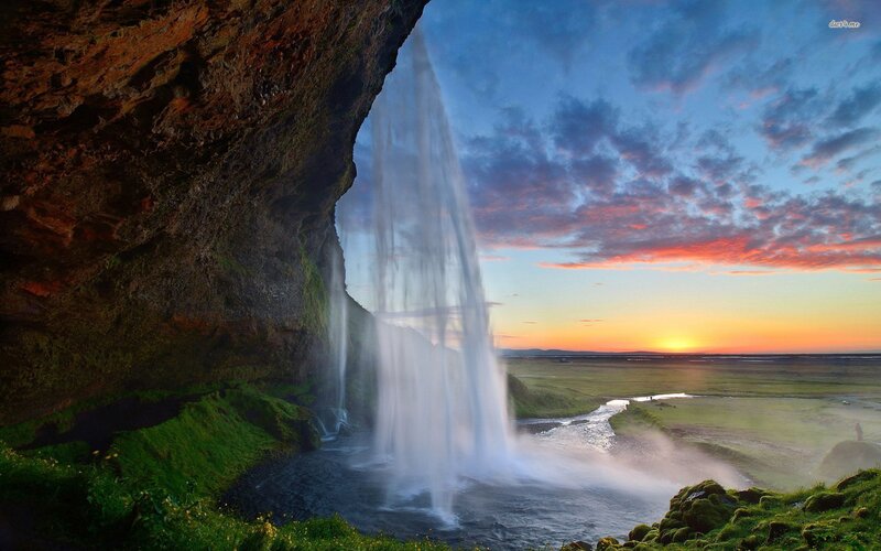 Seljalandsfoss Waterfall — Blue, Dramatic, Sunset, Photograph, Cliff, River, Sky