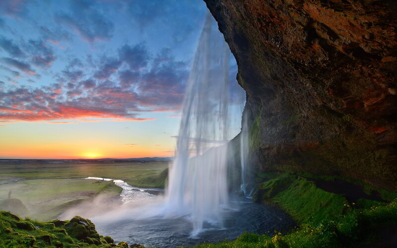 Seljalandsfoss Waterfall — Blue, Dramatic, Sunset, Photograph, Cliff, River