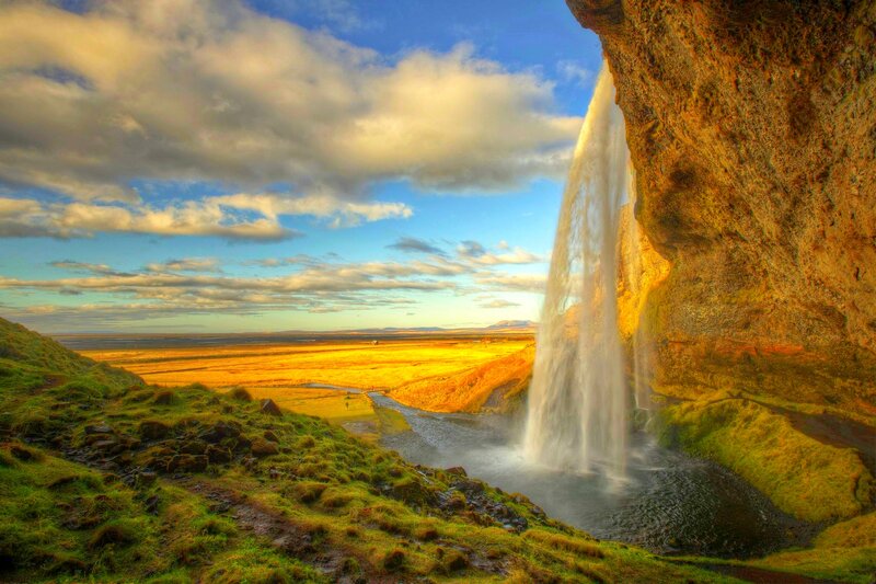 Seljalandsfoss Waterfall — Blue, Dramatic, Sunset, Photograph, Cliff