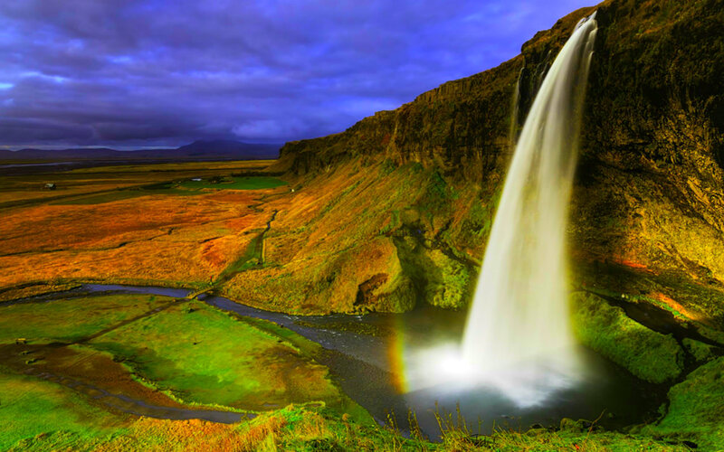 Seljalandsfoss Waterfall — Blue, Dramatic, Sunset, Photograph, River
