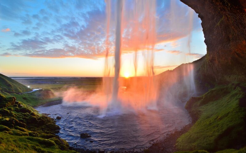 Seljalandsfoss Waterfall — Blue, Dramatic, Sunset, Photograph