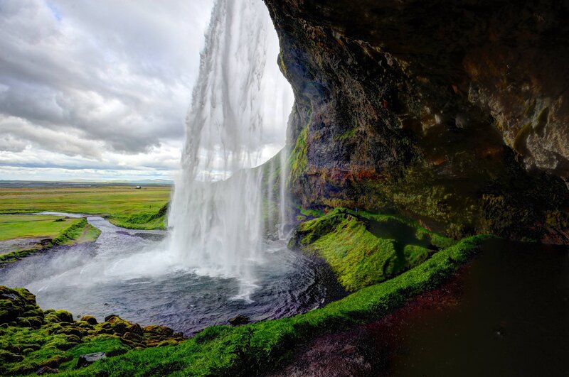 Seljalandsfoss Waterfall — Green, Dramatic, Afternoon, Photograph, Cave, River