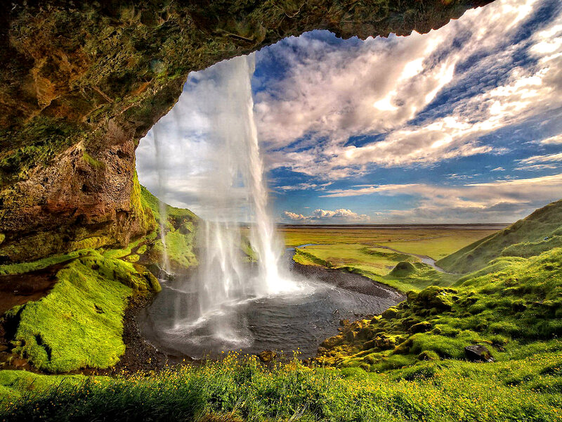 Seljalandsfoss Waterfall — Green, Dramatic, Afternoon, Photograph, Cave