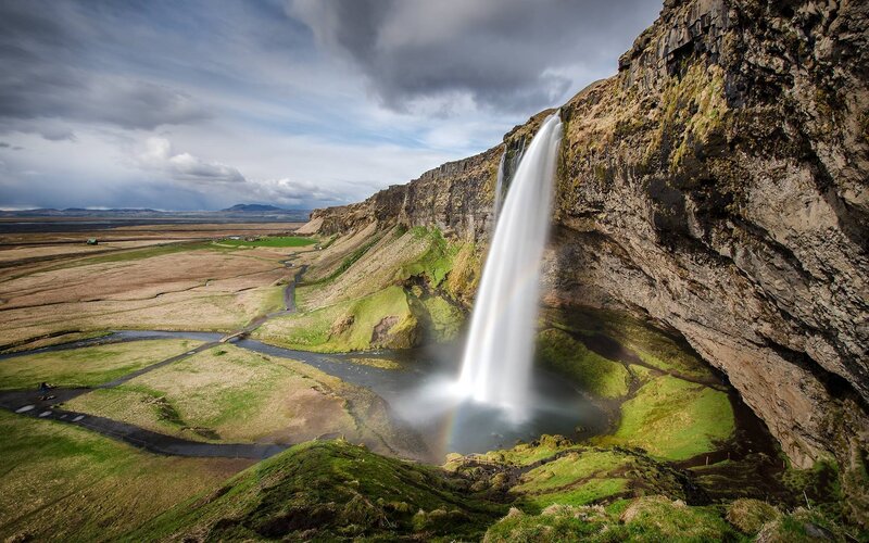 Seljalandsfoss Waterfall — Green, Dramatic, Afternoon, Photograph, Cliff, River