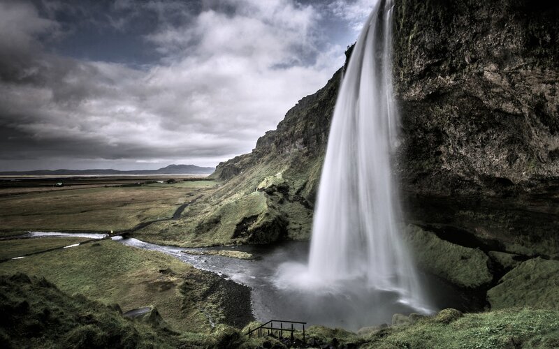 Seljalandsfoss Waterfall — Green, Dramatic, Afternoon, Photograph, Cliff