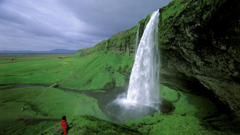 Seljalandsfoss Waterfall — Green, Dramatic, Afternoon, Photograph, Green Cliffs