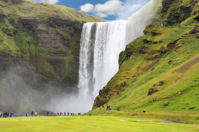 Seljalandsfoss Waterfall — Green, Dramatic, Afternoon, Photograph, People, Green Hills
