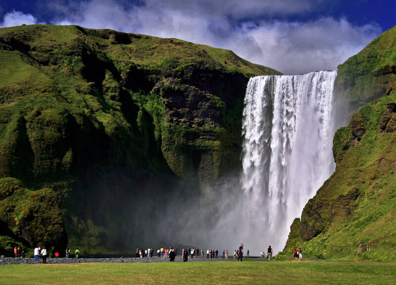 Seljalandsfoss Waterfall — Green, Dramatic, Afternoon, Photograph, People