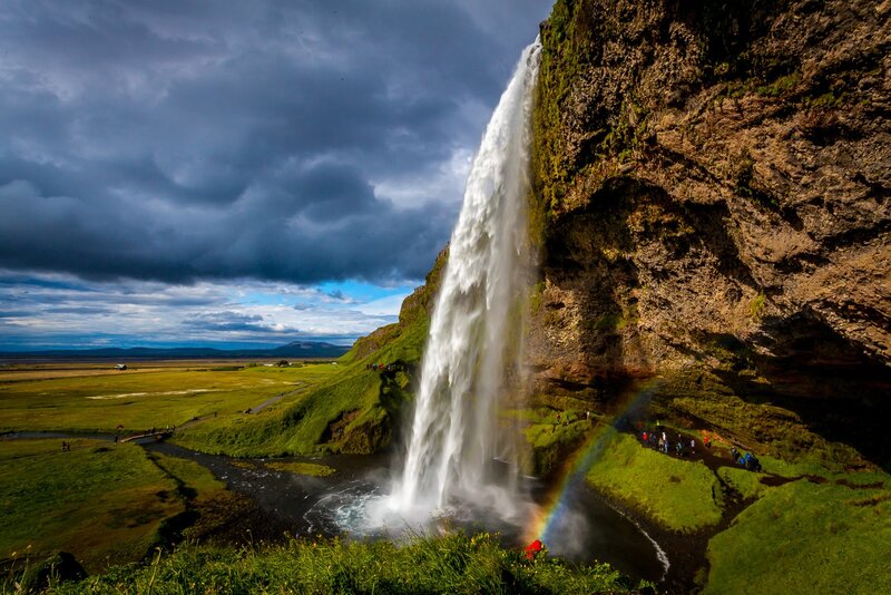 Seljalandsfoss Waterfall — Green, Dramatic, Afternoon, Photograph, Rainbow