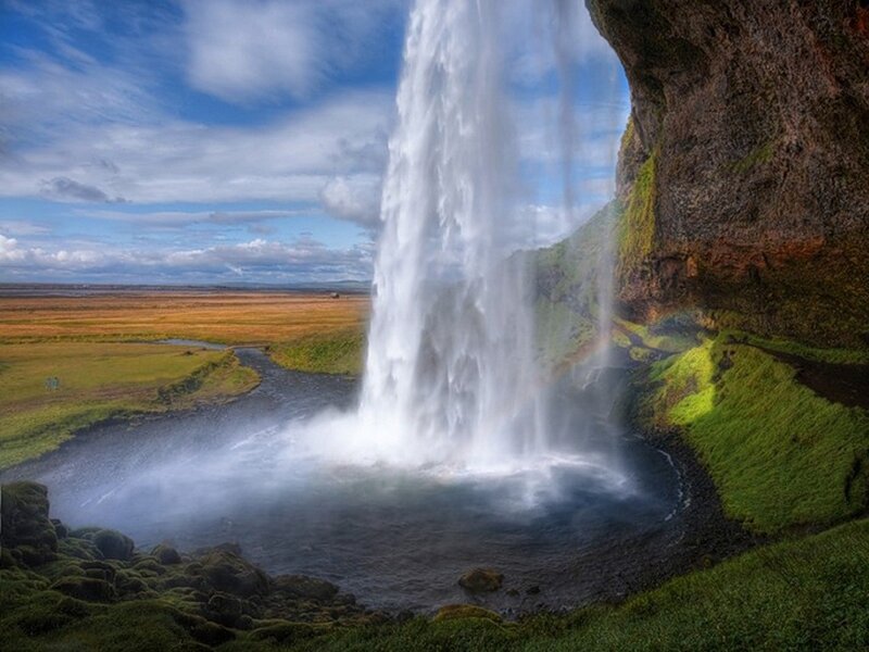 Seljalandsfoss Waterfall — Green, Dramatic, Afternoon, Photograph, River