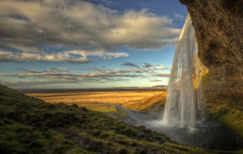 Seljalandsfoss Waterfall — Green, Dramatic, Sunset, Photograph, Cliff, Field